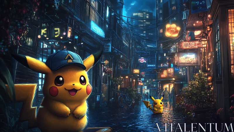 Playful electric pals exploring a neon city night street.