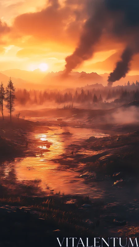 Burning river valley under incendiary orange war sky.