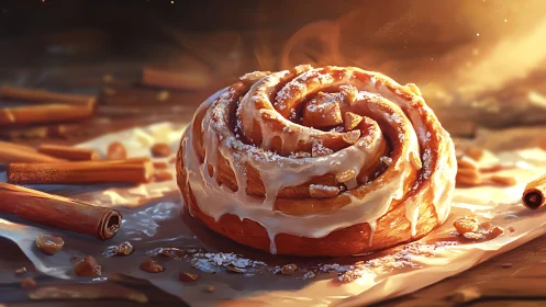 Cinnamon roll with white glaze on wooden surface under warm lighting