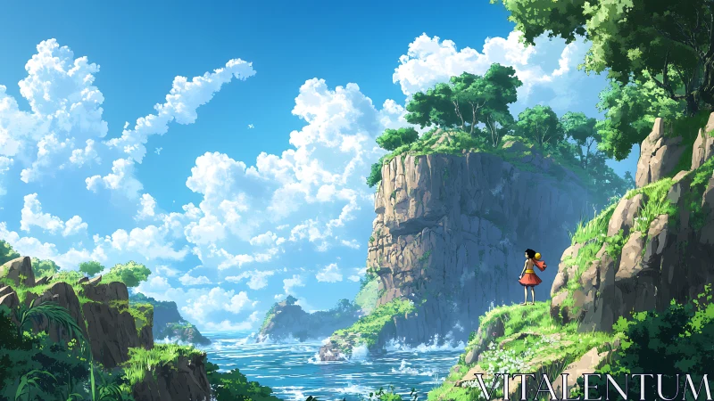 Anime Girl Standing on Rocky Cliff Overlooking Tropical Bay