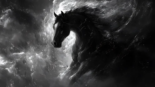 Black horse emerges from swirling monochrome storm