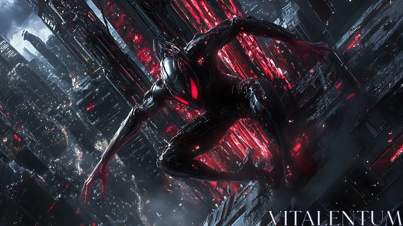 Cybernetic predator crouched over neon dystopian cityscape.