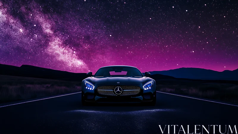 Starlit supercar prowls beneath electric violet galaxy sky.