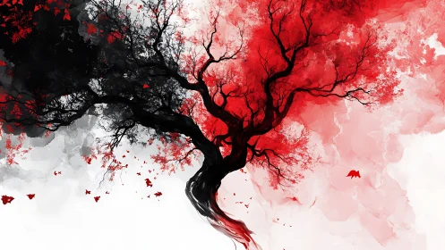 Abstract red and black tree against soft white ground.