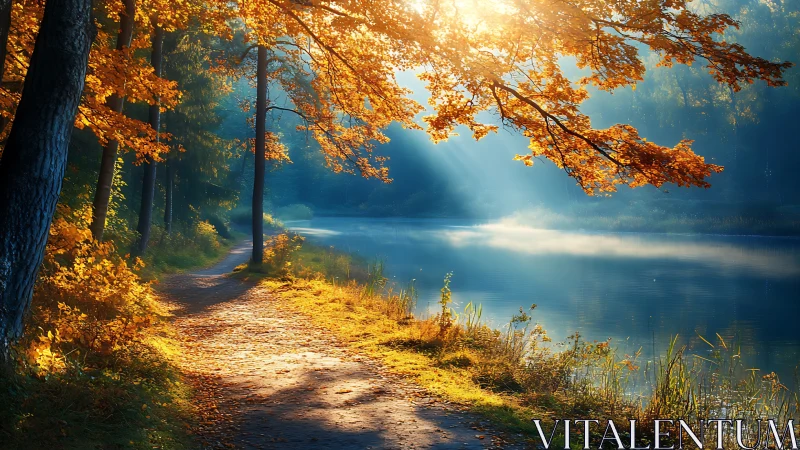 Forest lakeside path under autumn foliage and sunlight.