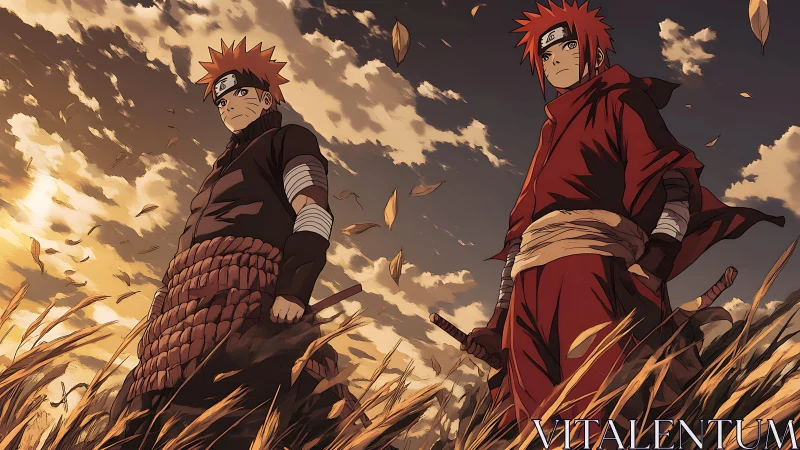 Two red-haired warriors standing in autumn wheat field at dusk.