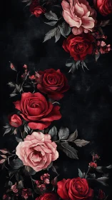 Red Roses and Pink Blossoms on Dark Canvas.
