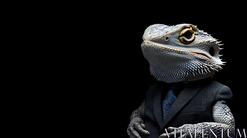 Suited lizard portrait against stark black background.