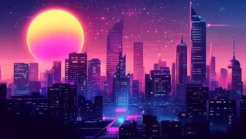 Neon dusk city skyline under a glowing retro-future sun.