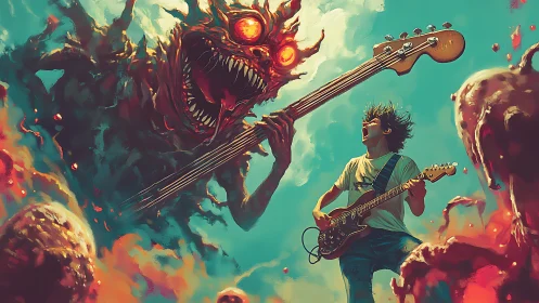 Explosive rock guitarist battles colossal fire-eyed demon bassist.