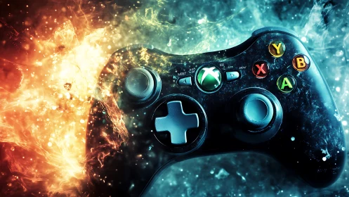 Xbox style game controller in intense fire and ice clash.