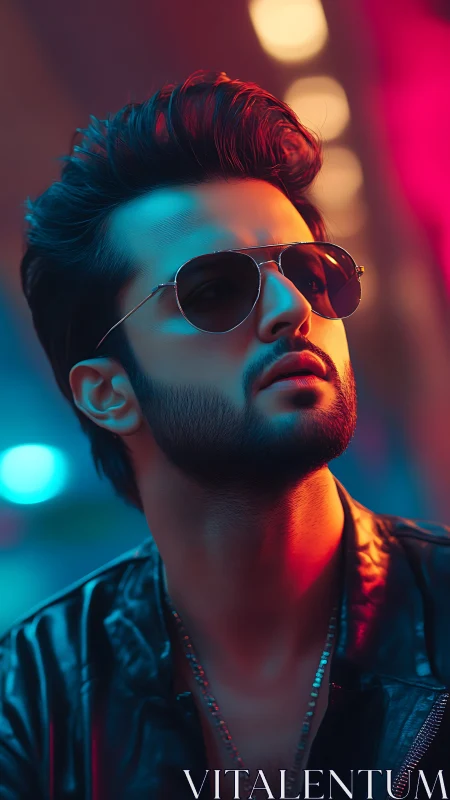 Stylish man in neon lighting wearing sunglasses and leather.