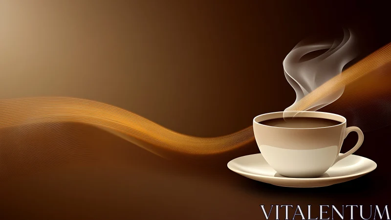 Steaming coffee cup rests in a warm, flowing golden glow