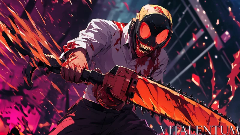 Chainsaw-armed humanoid in dynamic blood-soaked anime composition