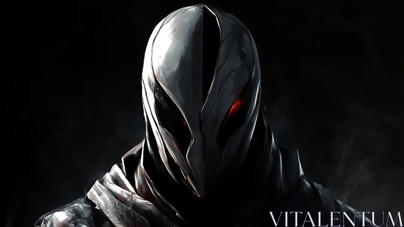 Armored masked figure is rendered with focused directional lighting