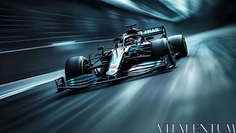 Futuristic Formula race car blasting through neon tunnel.