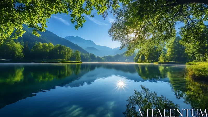 Mountain lake mirrors sunrise amid lush green forest.