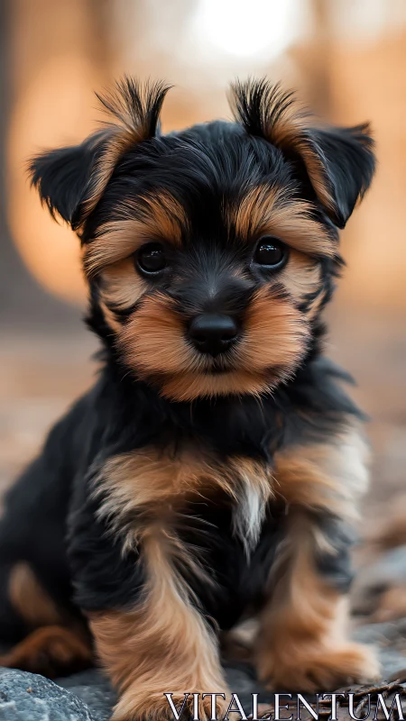 Shallow depth of field portrait of small black and tan puppy
