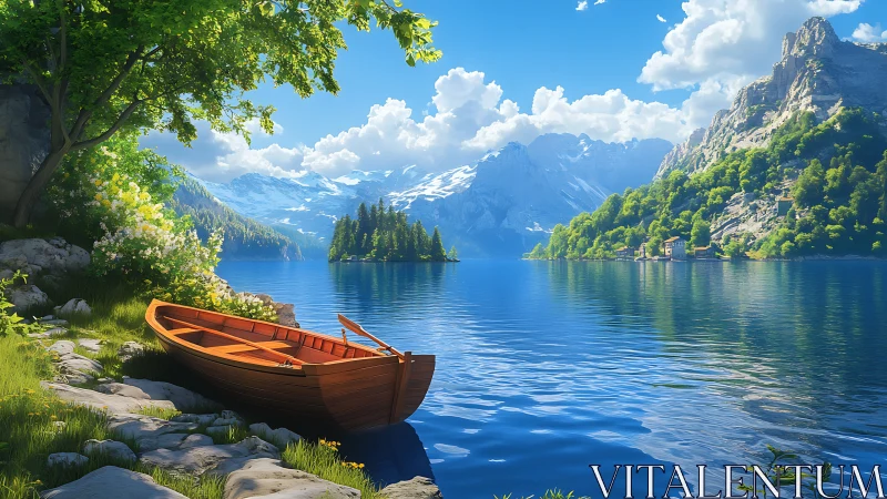 Lacustrine panorama with moored wooden skiff and alpine massif.