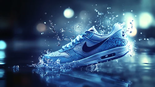 Sneaker rockets through liquid neon, kicking up electric spray