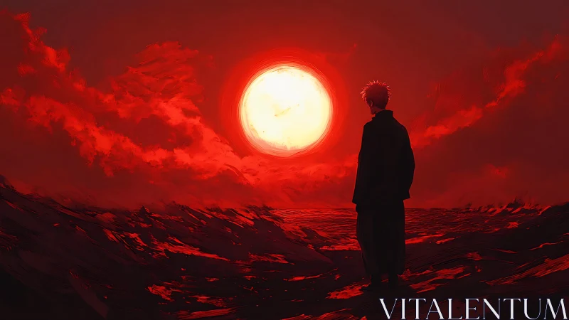 Quiet figure beneath a blazing red dream-sun horizon.