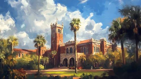 Sunlit red-brick campus tower amid swaying palm trees.