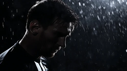 Side profile of male subject in heavy rain at night.