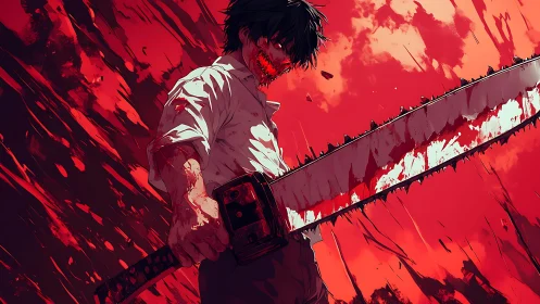Blood-soaked anime figure holding large chainsaw weapon.