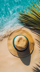 Straw hat lies on wet sand near shoreline and palm fronds