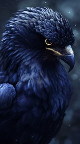 Dark blue raptor portrait with detailed feather texture.