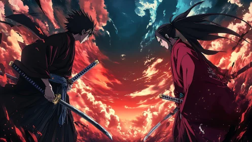 Dueling samurai silhouettes under bifurcated twilight sky