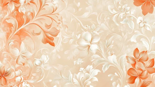 Peach floral arabesque wallpaper with swirling petals motif.