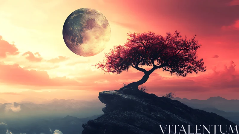 Solitary tree on rocky cliff under enlarged moon at dusk.