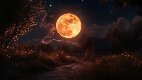 Golden harvest moon rising over a cozy country path.