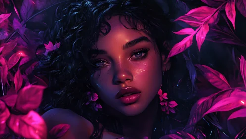 Digital portrait of woman amid neon magenta foliage at night.