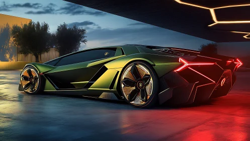 Futuristic green hypercar glows under sleek modern canopy