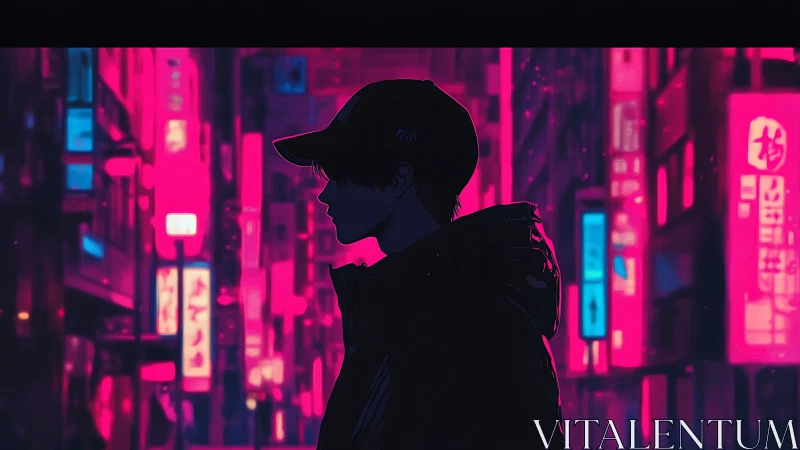 Neon-lit urban silhouette in cyberpunk side-profile composition.