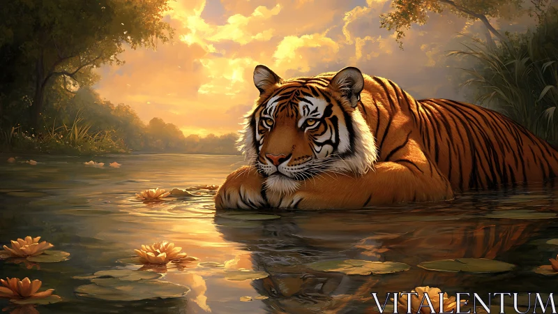 Sunlit river tiger drifting through lily-gold evening calm.