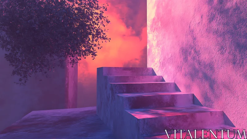 Staircase leads upward beside textured wall into vivid sky