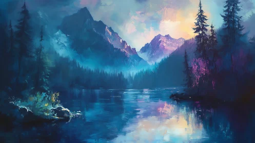 Iridescent alpine lake reflects atmospheric twilight mountains