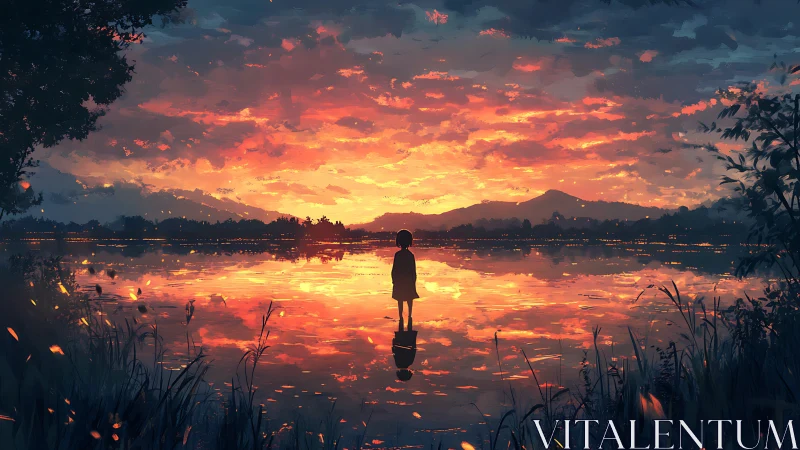 Silhouette of a solitary figure by a reflective sunset lake.