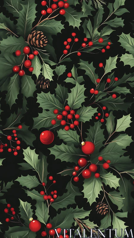 Holly foliage pattern with red berries, baubles and pinecones