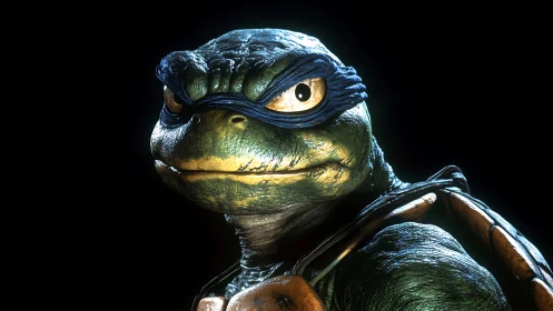 Detailed 3D closeup of blue-masked anthropomorphic turtle.