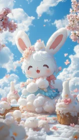 Cotton-candy cloud rabbit sculpture in pastel confectionary sky.