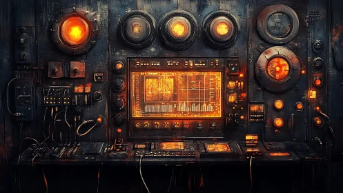 Retro cyberpunk control console with glowing orange cores.