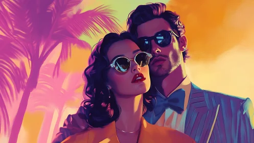 Stylized couple in sunglasses against tropical sunset backdrop.