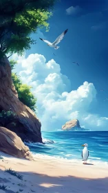 Coastal Scene with Seabirds and Cliff Formation
