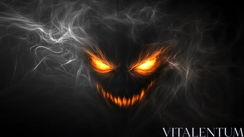 Glowing fiery face emerging from swirling dark smoke forms.