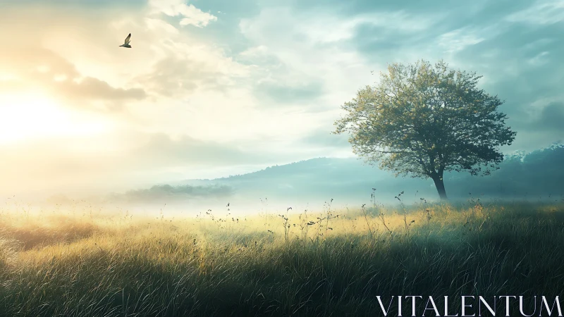 Backlit meadow tree with volumetric dawn fog and dynamic sky gradients