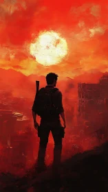 Lone armed survivor overlooking red apocalyptic cityscape.